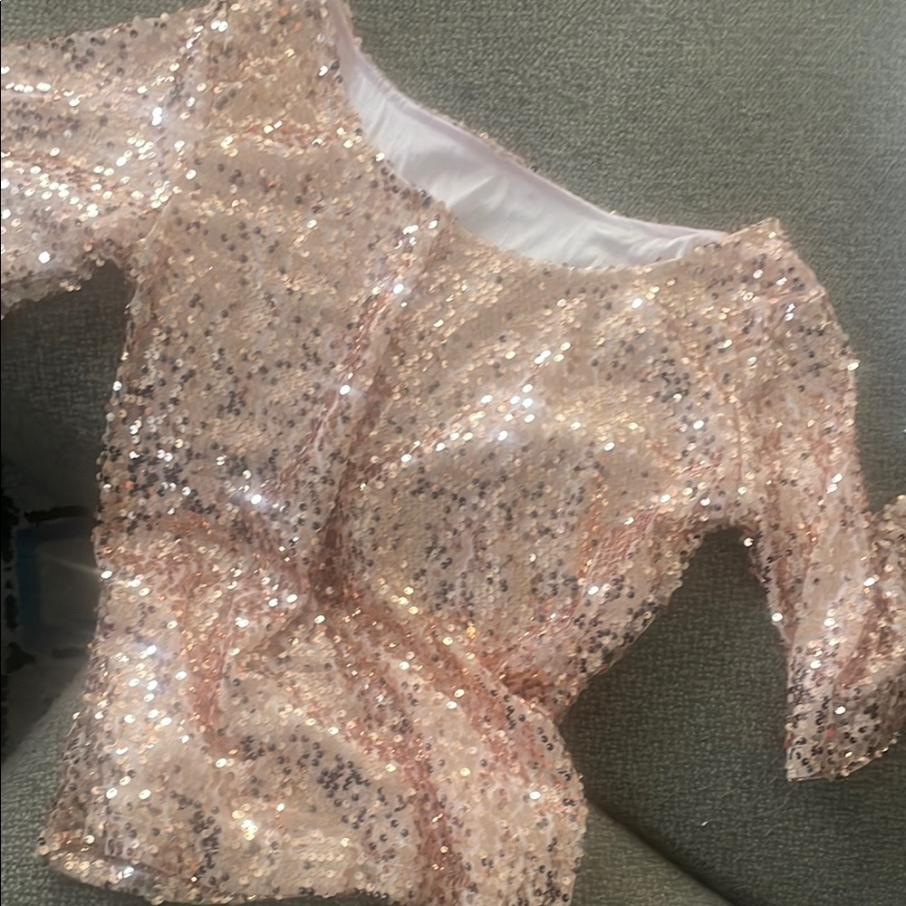 Cream Gold Sequin 3/4 Sleeve Asymmetrical Top
